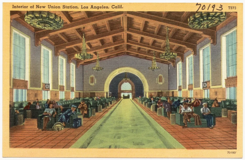 Historic postcard view of the waiting room inside Los Angeles Union Station