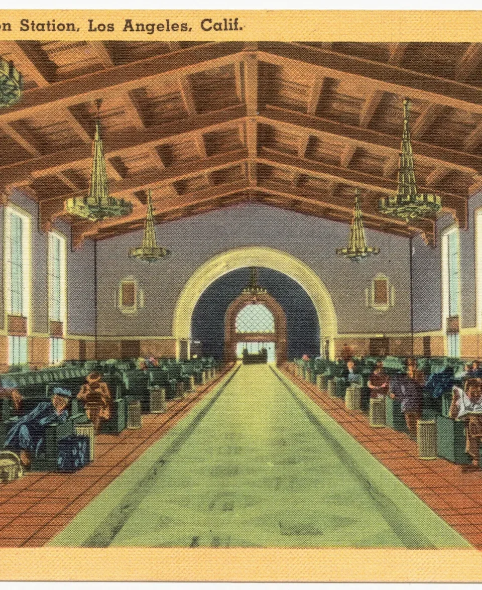 Historic postcard view of the waiting room inside Los Angeles Union Station